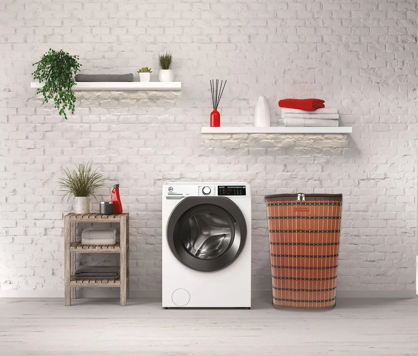 Foldable woven laundry basket in a bedroom