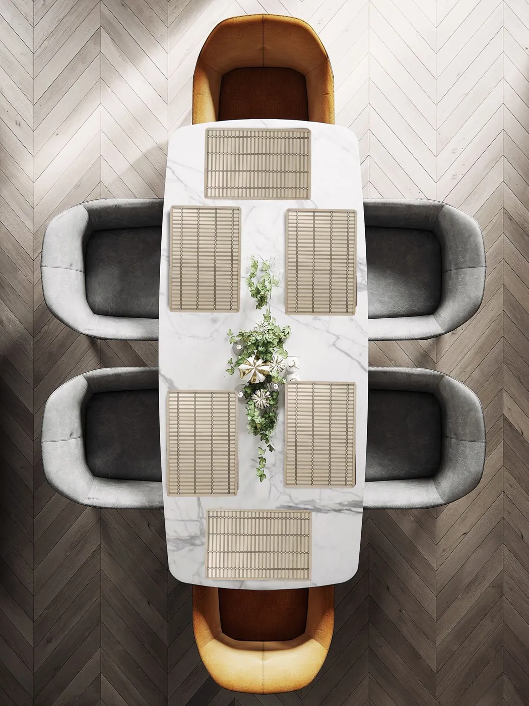 Woven Saffron dining mats on a marble dining table